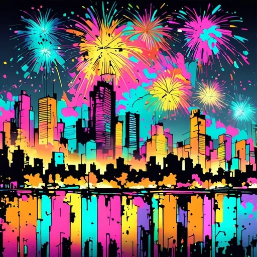 Prompt: cityscape with fireworks, high quality, graffiti style, vibrant tones, urban lighting