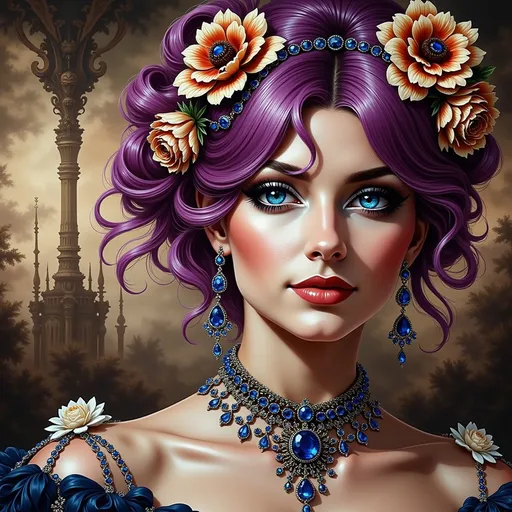 Prompt: (gothic art), highly detailed digital painting, a woman with vibrant purple hair intricately decorated with (delicate flowers), wearing an elegant necklace and matching earrings, expressing a mysterious allure, soft dramatic lighting enhancing the features, richly textured background creating an ethereal environment, (Charlie Bowater) inspiration, vivid colors, ultra-detailed.