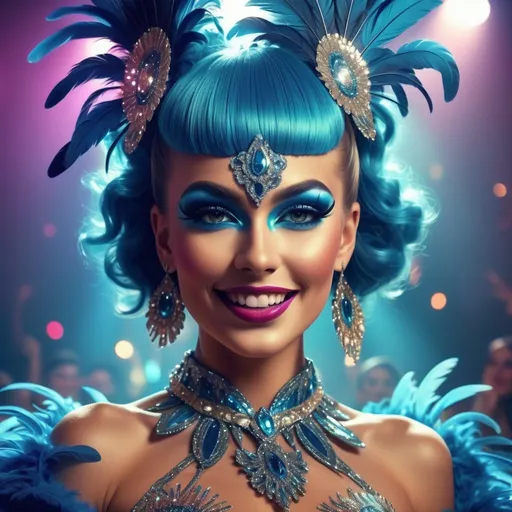 Prompt: (vibrant showgirl), feathers and sequins, dramatic costume, posing with confidence, glamorous makeup, dazzling smile, high-energy atmosphere, colorful stage lights, beautiful backdrop, lively crowd, sparkling details, (ultra-detailed), (4K), (cinematic) lighting, artful composition, capturing the essence of performance and allure.