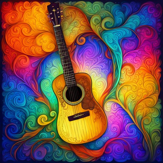 Prompt: Detailed fantasy illustration of an acoustic guitar, intricate wood carvings, enchanting forest setting, mystical glowing vines, magical aura, high quality, fantasy art, detailed woodwork, ethereal lighting, enchanting color palette