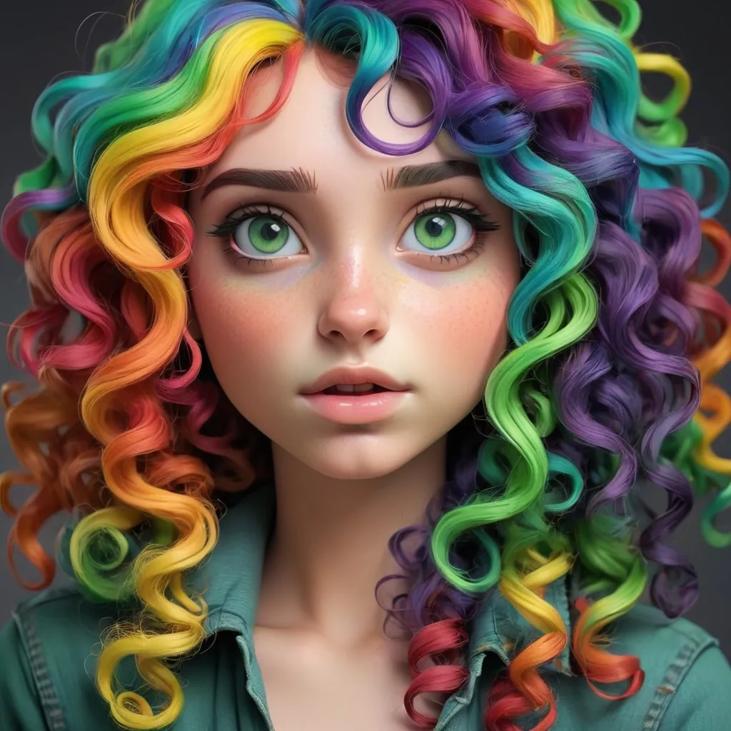 Prompt: Girl with curly rainbow hair and green eyes