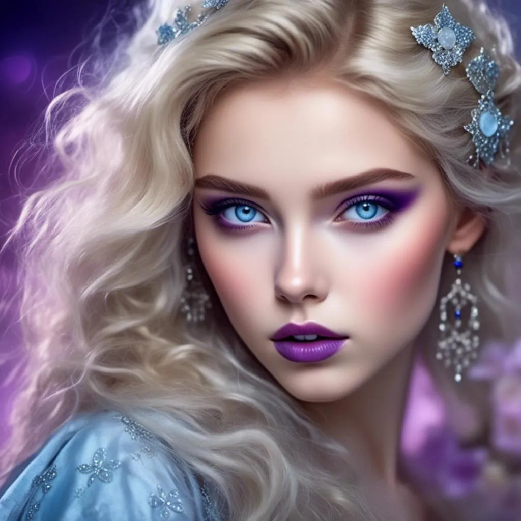 Prompt: <mymodel>Beautiful ethereal woman, long blonde hair,and icy blue eyes color, purple lipstick, facial closeup