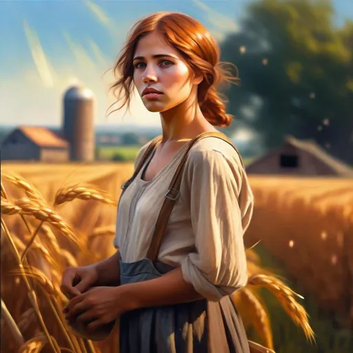 Prompt: An ethereal highly detailed painting of a very beautiful very poor 1920's migrant worker woman, tattered clothes, perfect complexion, gorgeous clean face,
straight auburn hair, award-winning,  Cinematic fantasy atmosphere, farm field, hot sun, cgi, artgerm