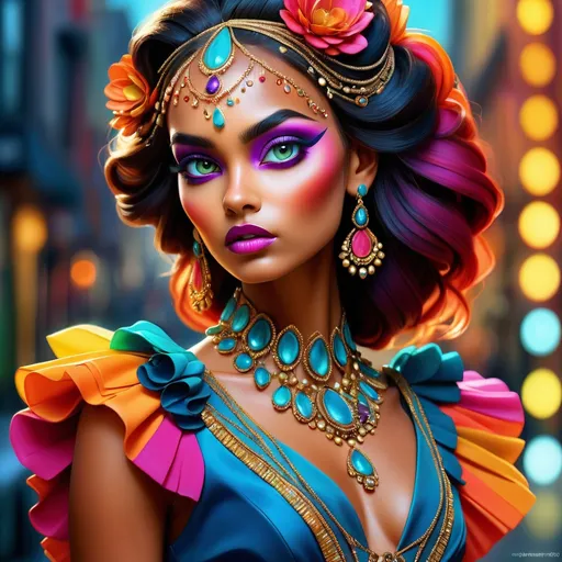 Prompt: <mymodel> digital painting, dramatic colourful makeup, high fashion, intense gaze, realistic portrayal, vibrant colors, detailed features, highres, professional, dramatic, realistic, digital painting, intense gaze, vibrant colors, detailed features, high fashion, glamorous lighting