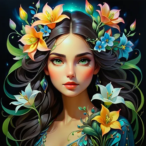 Prompt: Beautiful  hybrid woman with flowers sprouting from her, oil painting, ethereal glow, dark and mysterious, high quality, vibrant colors, surreal, haunting, intricate floral details, intense gaze, mystical atmosphere, oil painting,  ethereal, vibrant colors, surreal, haunting, floral details, intense gaze, mystical atmosphere