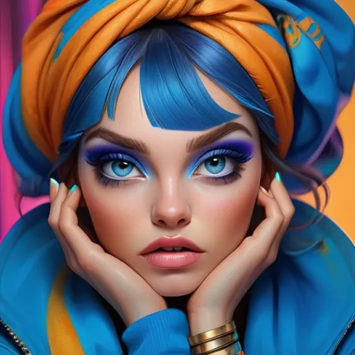 Prompt: Woman with vibrant blue eyeshadow, high-quality portrait, detailed makeup, realistic painting, vibrant colors, glamorous, professional lighting, intense gaze, highres, realistic, detailed, portrait, vibrant blue eyeshadow, glamorous makeup, professional, intense gaze, realistic painting, vibrant colors, realistic lighting