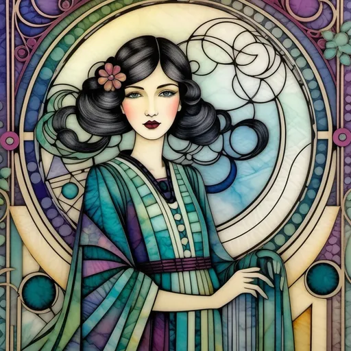 Prompt: Abstract encaustic texture, gradient inking colors, Jessica Galbreth, Irmgard Schoendorf Welch, Javier Mariscal, Charles Rennie Mackintosh, Lee Mullican style, a beautiful whimsical young woman, wonderland, decoupage.