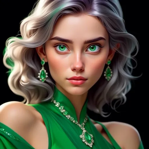 Prompt: <mymodel>Detailed illustration of a woman in vibrant green attire, large vivid green eyes, elegant makeup, digital painting, high resolution, realistic style, vibrant green, professional lighting