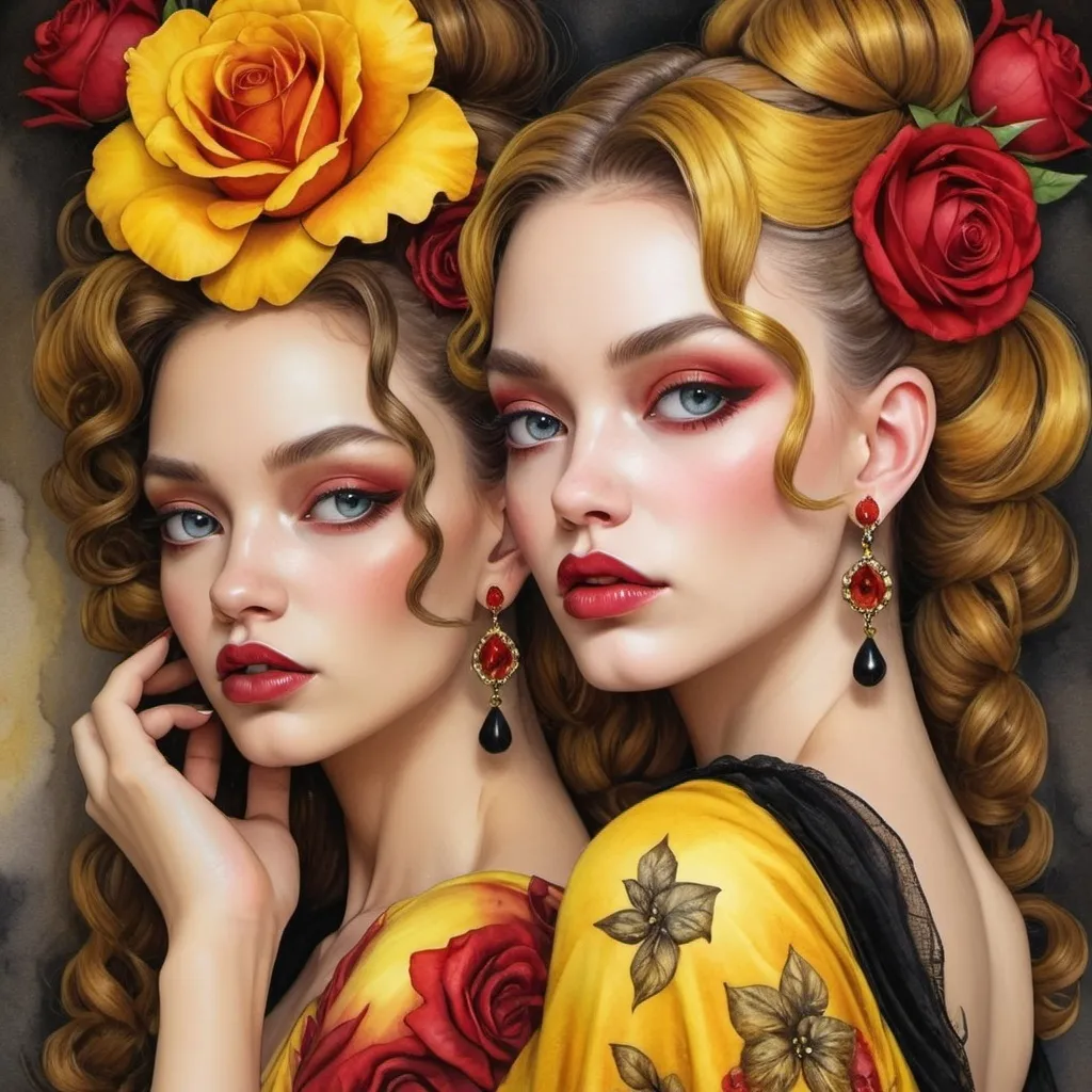 Prompt: <mymodel> beautiful woman, hair pinned up, yellow red black dress, earrings, Watercolor, trending on artstation, sharp focus, studio photo, intricate details, highly detailed, by  Josephine Wall and Jasmine Becket-Griffith