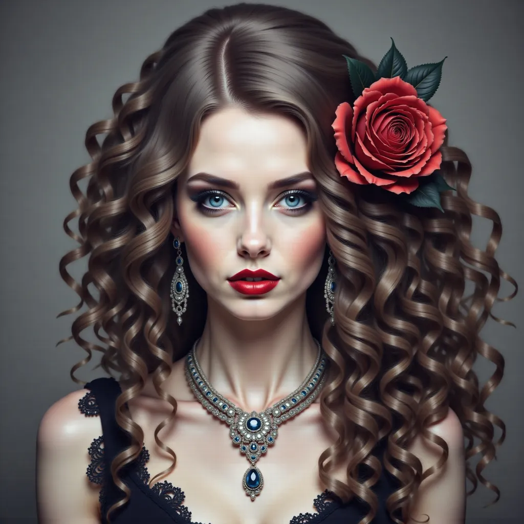 Prompt: a woman with long hair and a necklace on her neck and a red lipstick on her cheek and a black dress, Carla Wyzgala, gothic art, highly detailed digital painting, a photorealistic painting