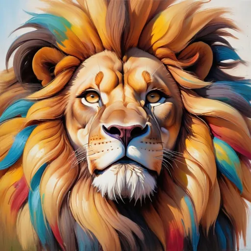 Prompt: colorful oil painting of a majestic lion head, face and main 