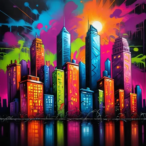 Prompt: cityscape, high quality, graffiti style, vibrant tones, urban lighting