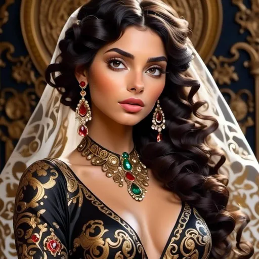 Prompt: <mymodel>woman beautiful dark haired woman , ornate clothes, elaborate jewels