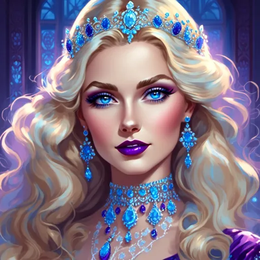 Prompt: <mymodel>Beautiful ethereal woman, long blonde hair,and icy blue eyes color, purple lipstick, facial closeup