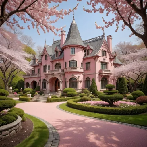 Prompt: Nestled among blooming cherry blossom trees, a stunning mansion commands attention with its enchanting blend of pink stucco and intricately crafted stone accents. The building features pointed turrets and an ornate facade, creating a whimsical, fairytale-like atmosphere. Lush greenery surrounds the property, with carefully manicured bushes and vibrant pink flowers lining the path that leads to a grand entrance, warmly illuminated by soft light. The sky is painted in gentle pastels, suggesting the early evening, while the serene garden hints at a tranquil retreat. This captivating scene evokes a sense of elegance and charm, inviting admiration for both the architecture and its picturesque surroundings.
