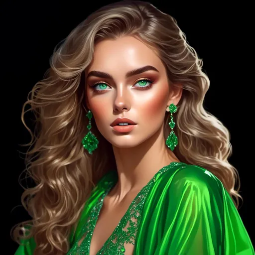 Prompt: <mymodel>Detailed illustration of a woman in vibrant green attire, large vivid green eyes, elegant makeup, digital painting, high resolution, realistic style, vibrant green, professional lighting