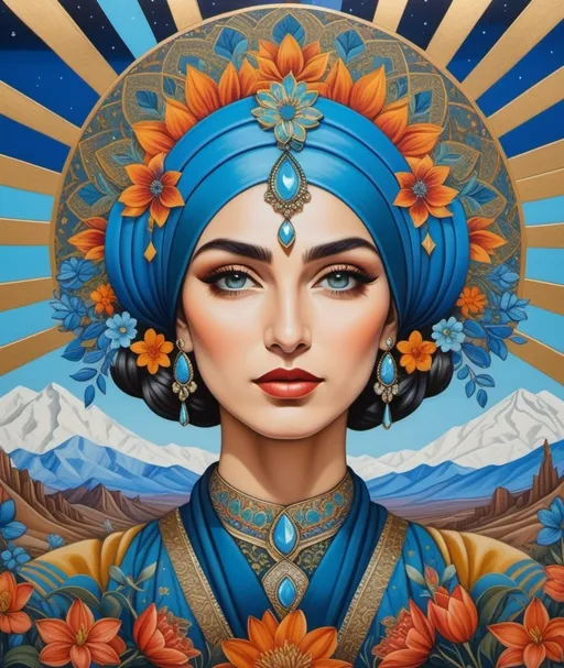 Prompt: a painting of a woman with a blue headdress and flowers on her head, with a sky background, Amanda Sage, qajar art, tristan eaton, an art deco painting