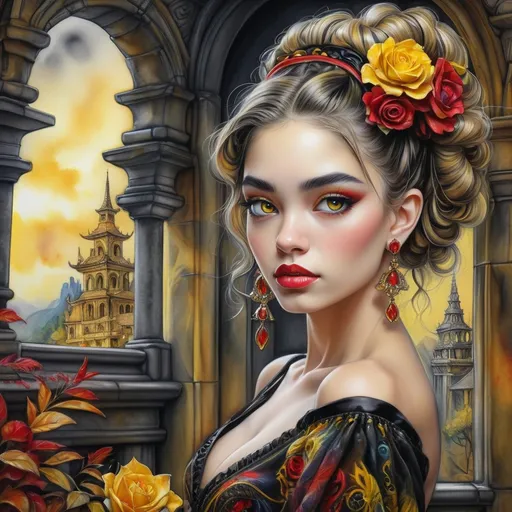 Prompt: <mymodel> beautiful woman, hair pinned up, yellow red black dress, earrings, Watercolor, trending on artstation, sharp focus, studio photo, intricate details, highly detailed, by  Josephine Wall and Jasmine Becket-Griffith