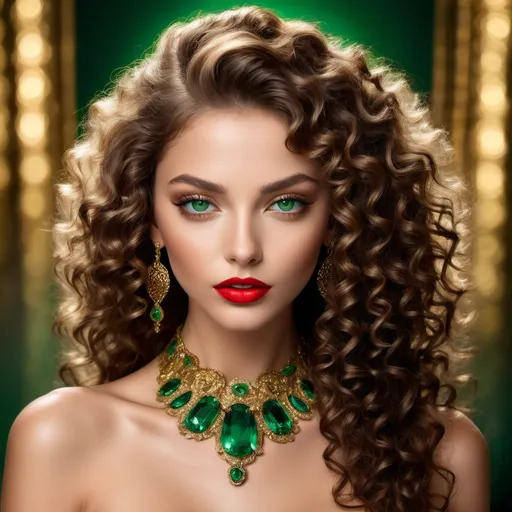 Prompt: With an enchanting gaze, a striking model captivates with her vivid green eyes and luxurious, voluminous curly hair cascading around her shoulders. Her flawless complexion is accentuated by bold red lips that pop against her skin, while extravagant gold and emerald jewelry adorns her neck and ears, adding a touch of opulence. The softly lit background creates a subtle, elegant atmosphere, allowing her radiant features and the rich hues of her accessories to take center stage. The image exudes glamour and sophistication, celebrating beauty with a classic yet contemporary flair that invites admiration.