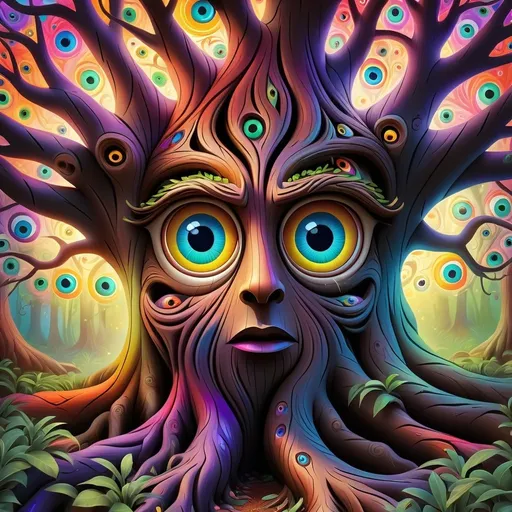 Prompt: Psychedelic illustration of a hollow tree filled with numerous vibrant eyes, kaleidoscopic color swirls, surreal and mesmerizing, high-quality, digital painting, rainbow hues, iridescent lighting, detailed irises, fantastical, mystical, whimsical, dreamlike, surreal, psychedelic, vibrant colors, mesmerizing lighting, detailed eyes