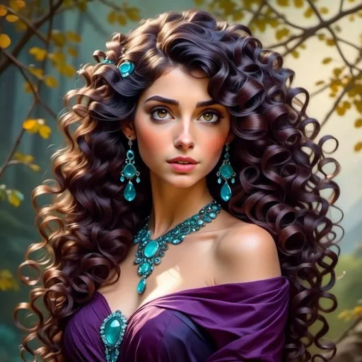 Prompt: <mymodel>An extremely gorgeous woman,  with turquoise jewels, in color scheme of purple, long curly hair