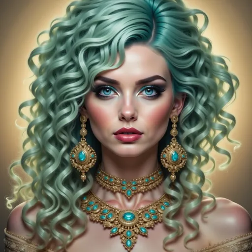 Prompt: a woman with green hair wearing a necklace and earrings with turquoise eyeshadow and gold jewelry set on her face, Artgerm, fantasy art, highly detailed digital painting, a photorealistic painting