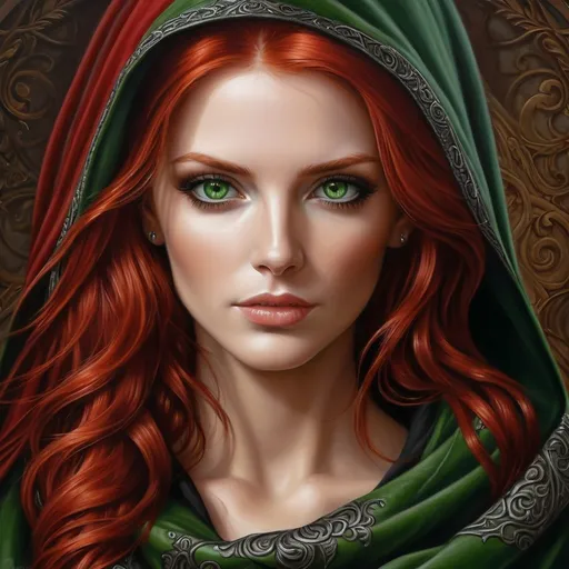 Prompt: a painting of a woman with red hair and green eyes, with a scarf around her neck and a hood on, Anne Stokes, gothic art, highly detailed digital painting, a photorealistic painting