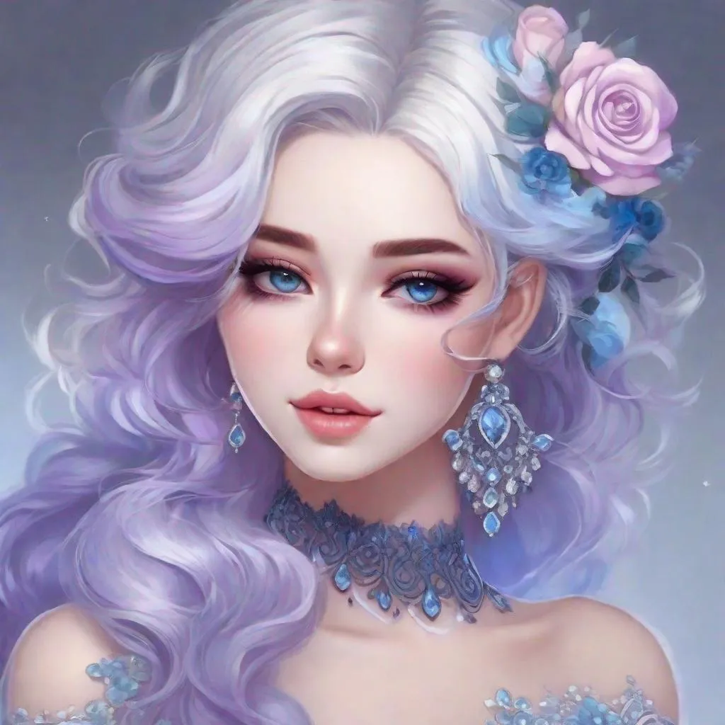 Prompt: A beautiful woman, white hair with pastel purple highlights, violet eyes, blue eyeshadow, pastel blue roses in her hair, blue jewels on forehead, cartoon style