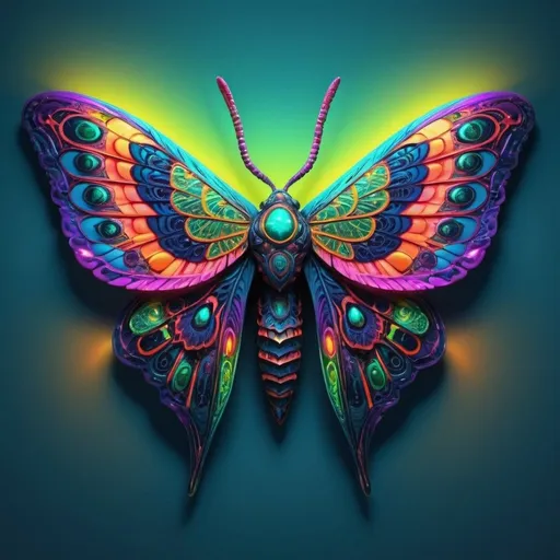 Prompt: Vibrant, colorful moth with intricate wing patterns, high quality, detailed, 3D rendering, surreal, neon colors, glowing bioluminescent markings, lush and vivid environment, mesmerizing, fantasy, iridescent, neon, detailed wings, surreal lighting