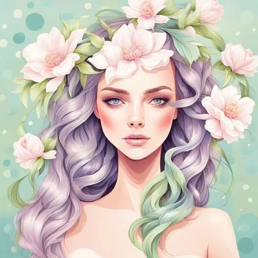 Prompt: Beautiful creation, woman with flowers in her hair, pastel colors