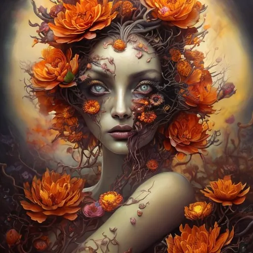 Prompt: Beautiful  hybrid woman with orange flowers sprouting from her, oil painting, detailed fiery eyes, ethereal glow, dark and mysterious, high quality, vibrant colors, surreal, haunting, intricate floral details, intense gaze, mystical atmosphere, oil painting, demon, hybrid, fiery eyes, ethereal, vibrant colors, surreal, haunting, floral details, intense gaze, mystical atmosphere