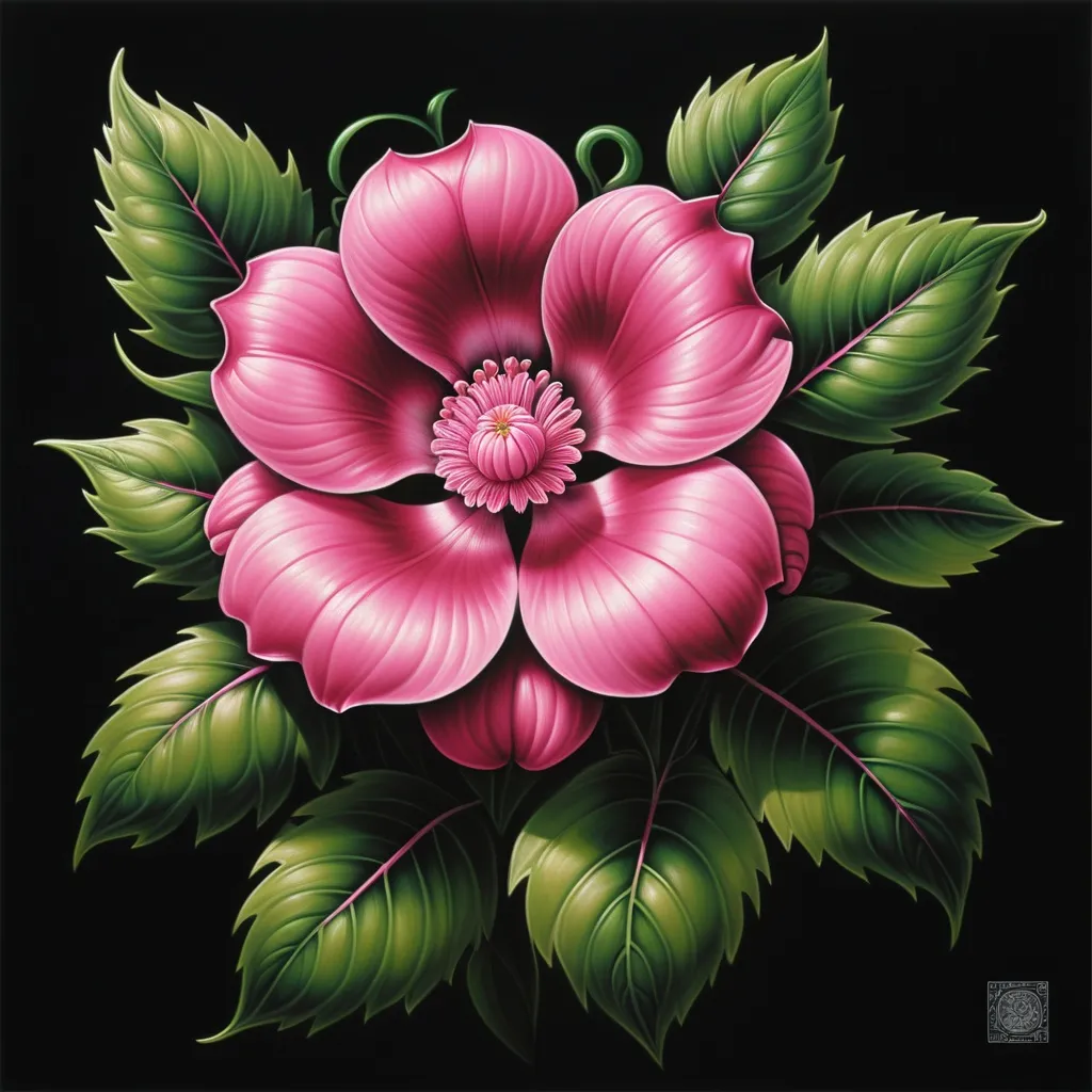 Prompt: a painting of a pink flower with green leaves on a black background with a black background behind it is a picture of a pink flower, Anne Stokes, cloisonnism, highly detailed digital painting, an airbrush painting