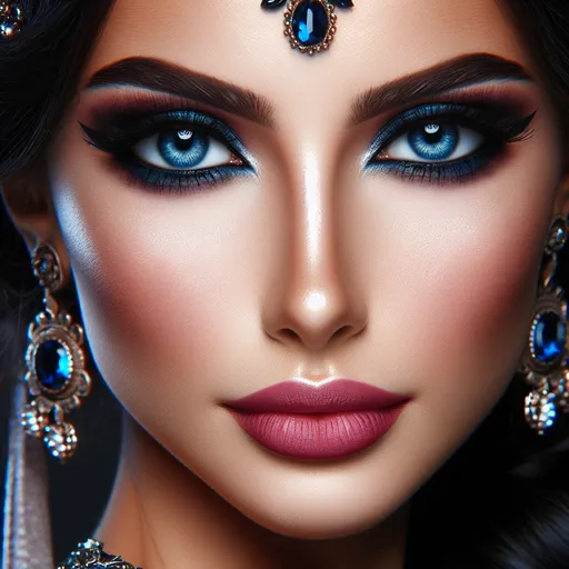 Prompt: <mymodel>a Sapphire lady, feminine elegant princess ,  dark hair, large blue eyes, wearing jewls in her hair,  beautiful makeup, blue eyeshadow, dark pink lipstick, facial closeup