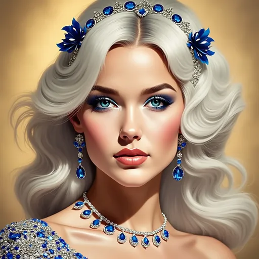 Prompt: A woman dressed in a blue dress, blue eyes, sapphire jewelry, long flowing hair