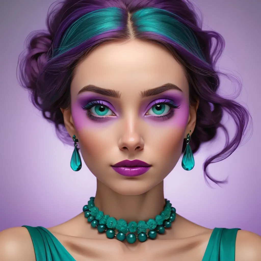 Prompt: Woman in colors of teal and purple