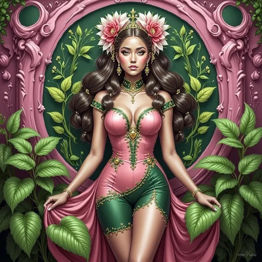 Prompt: a painting of a woman with a flower in her hair and a pink dress with green leaves around her, Anne Stokes, psychedelic art, highly detailed digital painting, an art deco painting