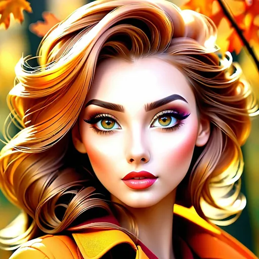 Prompt: Girl, Pretty makeup and stylish hair, autumn colors, facial closeup