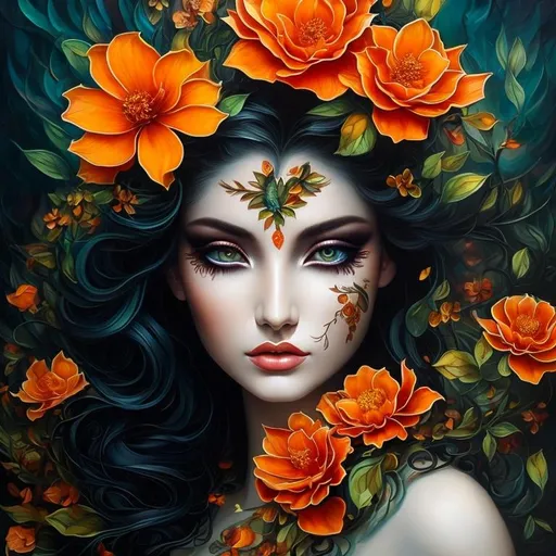 Prompt: Beautiful  hybrid woman with orange flowers sprouting from her, oil painting, detailed fiery eyes, ethereal glow, dark and mysterious, high quality, vibrant colors, surreal, haunting, intricate floral details, intense gaze, mystical atmosphere, oil painting, demon, hybrid, fiery eyes, ethereal, vibrant colors, surreal, haunting, floral details, intense gaze, mystical atmosphere