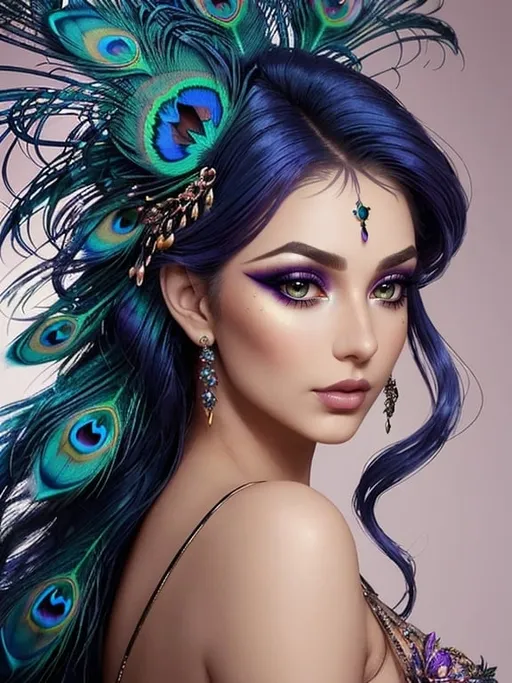 Prompt: Gorgeous woman with beautiful makeup and hair, peacock feathers in her hair, high-quality, detailed, realistic, elegant, vibrant colors, professional makeup, glamorous lighting, 4k resolution, portrait, detailed facial features, luxurious, exotic, peacock feathers, elegant hairstyle, stunning makeup, beauty shot