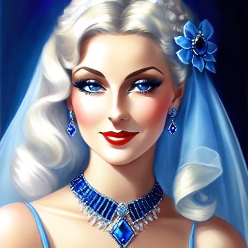 Prompt: Glamorously dressed lady of rhe 1930's wearing sapphire jewelry,blue eyes