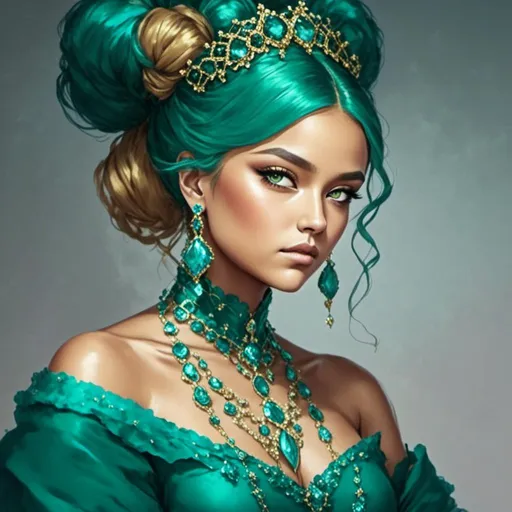 Prompt: <mymodel>ooo bi An extremely gorgeous woman,  with turquoise jewels, in color scheme of turquoise and gold