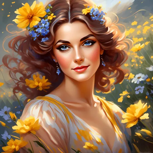 Prompt: <mymodel>High-resolution digital painting of a graceful woman, vibrant yellow flower field, realistic and detailed floral elements, soft and warm sunlight, flowing elegant dress, detailed facial features with a gentle expression, professional digital painting, realistic, detailed flowers, graceful posture, warm and soft lighting, best quality, highres, ultra-detailed, digital painting, realistic, warm tones, elegant