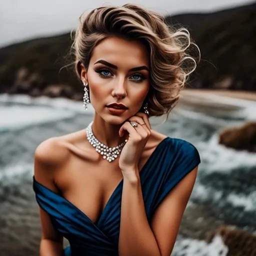 Prompt: <mymodel>Glamorously dressed 1930's lady, sapphire jewelry, blue eyes, vintage glam, luxurious satin gown, elegant updo hairstyle, detailed facial features, high-quality, vintage, glamorous, detailed sapphire jewelry, sophisticated makeup, atmospheric lighting, deep blue color tones, classic Hollywood style