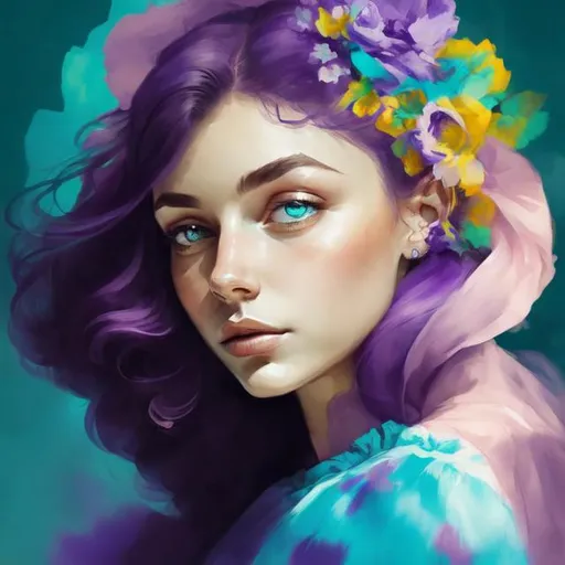 Prompt: young woman with a flower in her hair, colors of purple and turquoise, facial closeup