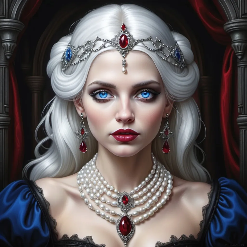 Prompt: a woman with blue eyes and snow white hairaadorned with pearls and a necklace of rubies on her neck . Anne Stokes, gothic art, highly detailed digital painting, a photorealistic painting