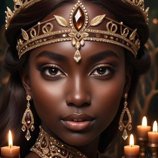 Prompt: Cocoa princess, rich chocolate tones, elegant gown with intricate details, regal crown adorned with gems, luxurious velvet cape, enchanting forest setting, warm and soft lighting, high quality, royal fantasy, detailed embroidery, majestic, opulent, graceful, royal, warm lighting