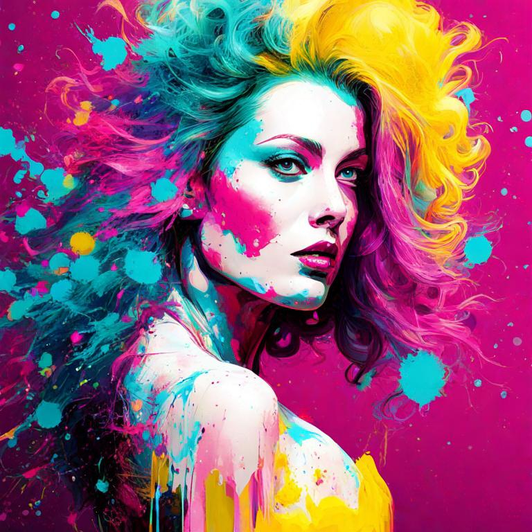 Prompt: woman, magenta and turquoise paint splatter