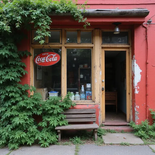 Prompt: A vibrant red wall serves as a backdrop for a vintage storefront, featuring a creatively altered sign that reads "Coca Cola" The weathered paint and peeling surfaces suggest years of exposure, giving the scene an air of nostalgia. In the foreground, a simple wooden bench invites one to pause, while dense green shrubbery and overgrown plants assert their presence, intertwining with the building's structure. A small light fixture hangs near the entrance, hinting at a time when this space was lively with activity, thus evoking a sense of forgotten charm and tranquility amidst nature's reclamation.
