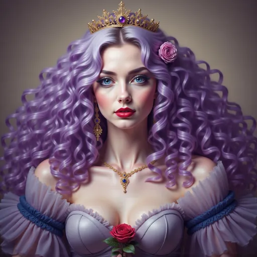 Prompt: a painting of a woman with purple hair and a crown on her head, holding a rose in her hand, Charlie Bowater, fantasy art, trending on art station, a character portrait