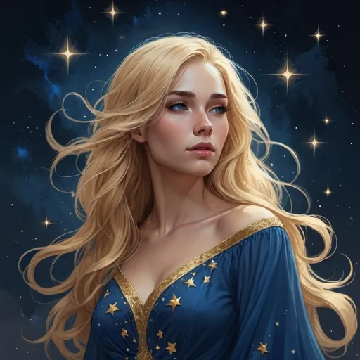 Prompt: a woman with long blonde hair in a blue dress with stars in the background and a blue dress with gold trim, Charlie Bowater, fantasy art, highly detailed digital painting, a detailed painting